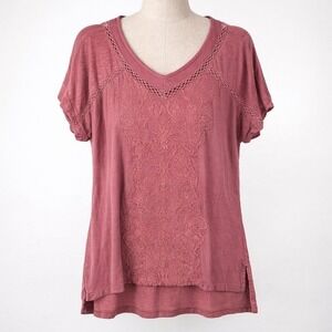 Mauve Embroidered Boho V Neck Top Crochet Lace Short Sleeve M Indie Granola Y2K